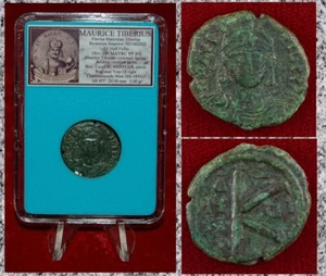 Antigua Moneda Imperio Bizantino MAURICE TIBERIO Bronce Media Follis Constantinopla - Imagen 1 de 4