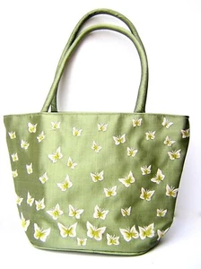 Lua Peridot Silk Summer Handbag Embroidered With Butterflies - Picture 1 of 5