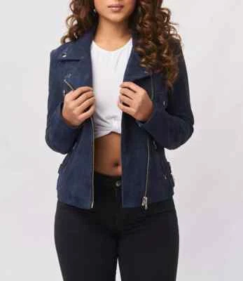 BEST SELLING New Women's NavyBlue Suede Jacket 100% Soft LambskinMotoBikerJacket - Image 1 of 4