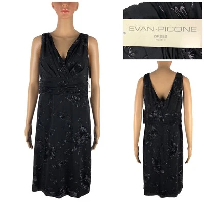 Vestido Evan Picone Mujer 12 Pequeño Negro Floral Plata Brillo Elastizado Nuevo con Etiquetas $99.99 Foto 1 de 4