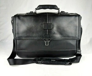 TUMI 3 Section All Leather Black Briefcase Flapover handle Business Professional - Photo 1/12