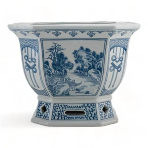 Blue & White Chinese Octagonal Planter Pot 9” X 7.5” Jardiniere - Picture 1 of 11