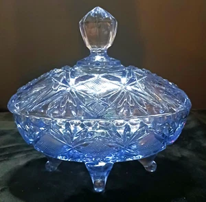 Vintage Blue Cut Glass Footed Candy/Bowl With Lid 7" Tall 7 1/2" Long Oval Shape - Picture 1 of 8