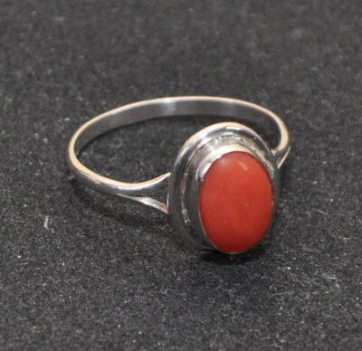 Anello donna vintage Argento 800 pietra Corallo rosso 18 mm artigianale - Immagine 1 di 4