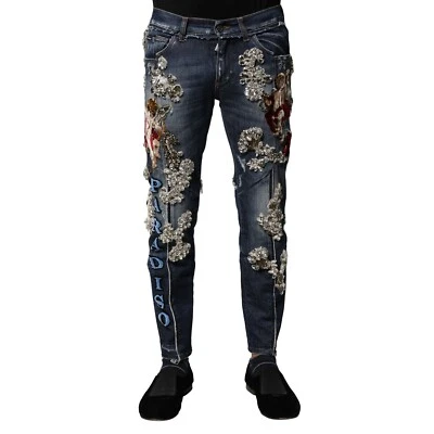 DOLCE & GABBANA Jeans Blue Cotton Rhinestone Embellish Denim IT44/W30/XS 8930usd - Image 1 of 4