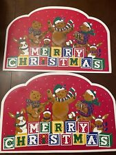 Merry Christmas Placemats Vinyl Set of 2 Holiday Teddy Bears Vintage TC