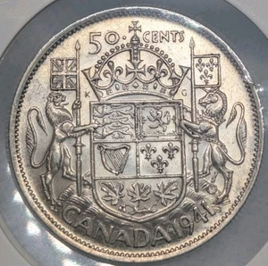 UNC 1941 Canada Silver 50 Cents, WW2, King George VI Half Dollar - Bild 1 von 2
