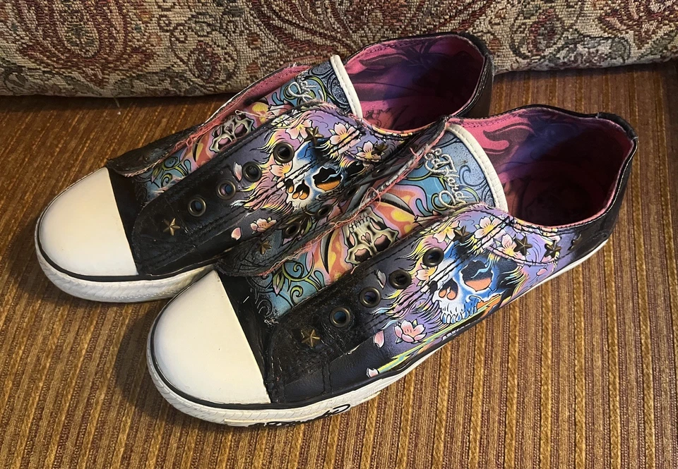 Don Ed Hardy Slip On Ladies Skull And Flowers Sneakers - Awesome Graphics  - Image 1 of 4