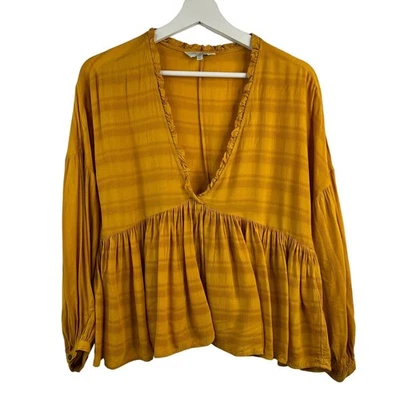 LUCKY BRAND Sz XS Top Babydoll Ruffle Oversized Peasant Boho V-neck Blouse - Image 1 of 4