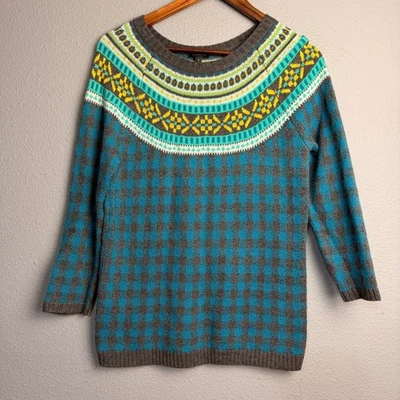 Suéter para mujer Talbots talla pequeña Fair Isle estampado a cuadros azul gris acogedor de vacaciones Foto 1 de 4