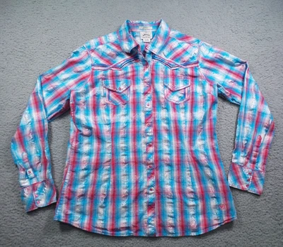 Camisa Ariat feminina tamanho extra grande azul vermelha xadrez ajustada com botão manga longa - Imagem 1 de 4