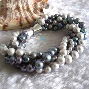 8" 3-8mm Gray Peacock 5Row Freshwater Pearl Bracelet Pearl Strand - Picture 1 of 4