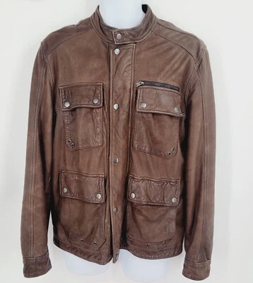 LUCKY BRAND Chaqueta de Cuero de Vaca Marrón Etiqueta Negra Cremallera Tapeta a Presión Para Hombres Talla M Foto 1 de 4