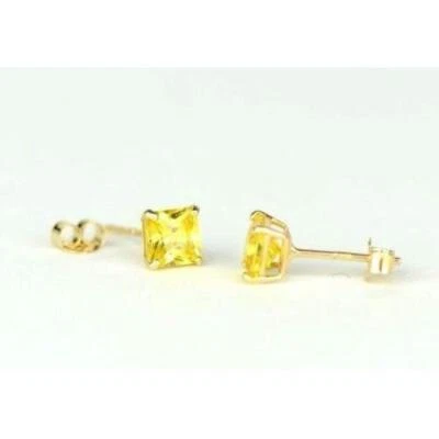 14k Yellow Gold Solid Square Princess Cut Birthstone 4MM CZ Stud Earrings - Image 1 of 4