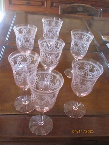 7 Antique HEISEY Etched TREFOIL Waterglasses 1920-29 PINK - Picture 1 of 8