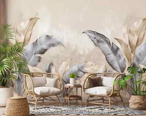 Carta Da Parati Botanica Lounge Grandi Foglie Beige Grigio Marrone Murale - Foto 1 di 8