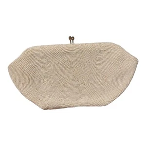 Bolso sin asas de noche vintage con cuentas de semillas blancas de los años 50 z9 - Imagen 1 de 5