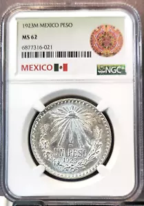 1923 MEXICO SILVER 1 PESO NGC MS 62 SCARCE NICE BRIGHT LUSTER - Picture 1 of 3