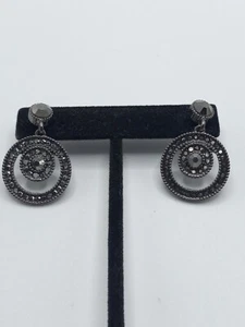 Liz Claiborne Gunmetal faux Marcasite 2 Circle Dangle Pierced Earrings 1.25" - Picture 1 of 9
