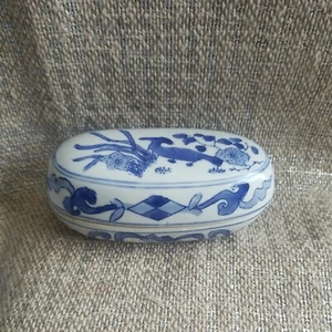 Antique Republic Of China Porcelain Blue And White Bird Motif Trinket Box Signed - Picture 1 of 14