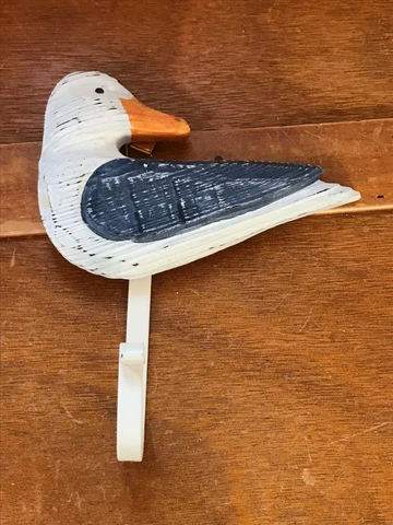 Nautical Décor Blue & White Painted Wood Seagull Bird with Painted Metal Hook Cover