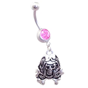 Belly Ring Skull w/Crossbones Pink Gem Dangle Naval Steel - Picture 1 of 3