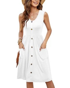 Women Summer Dresses Sleeveless Casual Loose Swing Button Down Midi Dress wit... - Picture 1 of 6