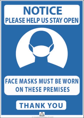CP COMPLIANCE POSTERS UK Face Masks Must Be Worn - Laminated Sign / Notice A4 Size