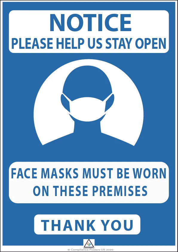 CP COMPLIANCE POSTERS UK Gesichtsmasken müssen getragen werden - laminiertes Schild / Hinweis DIN A4