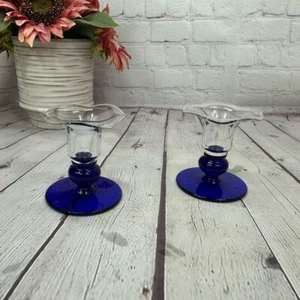 vintage princess hill sapphire royal Blue Glass Candlestick Holders 2pc - Picture 1 of 7