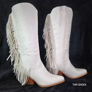 Botas de Vaquera Dusty Roads Blancas Brillantes con Flecos Country Western - Imagen 1 de 12