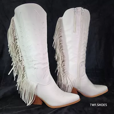 Botas vaqueras Dusty Roads blancas brillantes con flecos traseros Country Western Foto 1 de 4