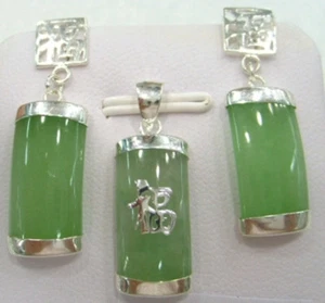 Light Green Jade White Gold Plated Fortune Pendant Necklace Earrings Jewelry Set - Picture 1 of 4