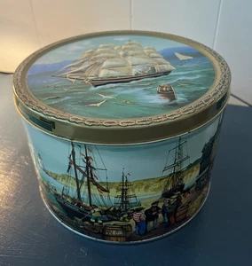 Embossed cookie biscuits tin round tall ships decoration vintage Copenhagen Tin - Picture 1 of 7