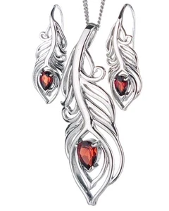 Conjunto de pendientes collar de plata de ley granate natural pluma piedras preciosas rojas en caja - Imagen 1 de 12