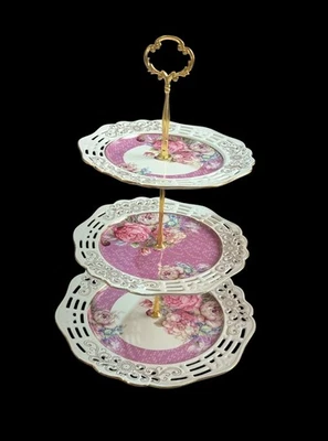 Suporte para bolo roseta 3 camadas com alça dourada pratos de porcelana floral rosas rosas rosas rosas - Imagem 1 de 4