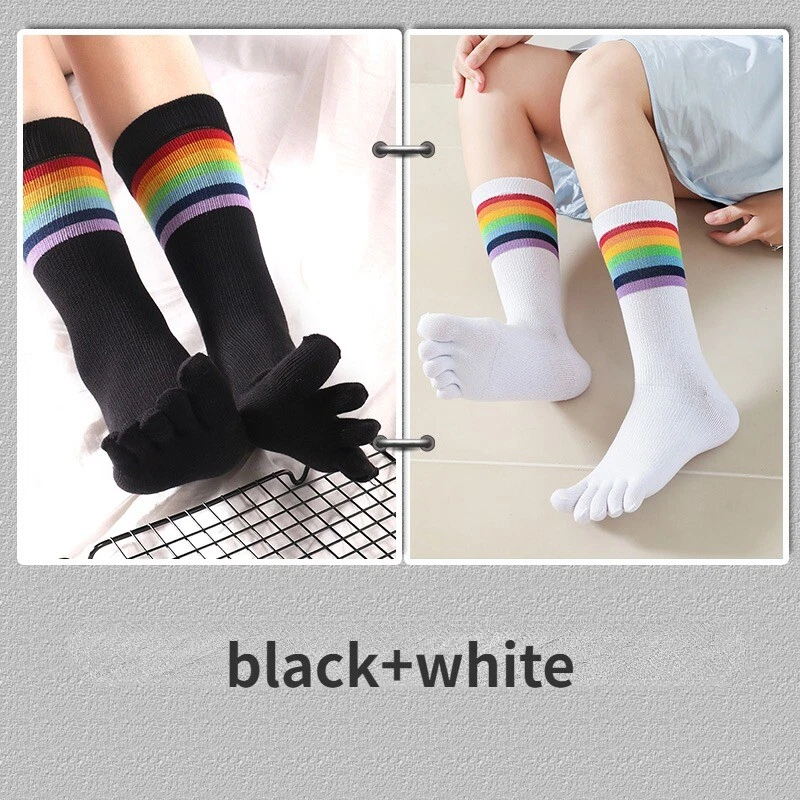 2 Pairs Women Girls Cotton Blend Thick Five Finger Toe Socks Rainbow Stripe Cute - Image 1 of 4
