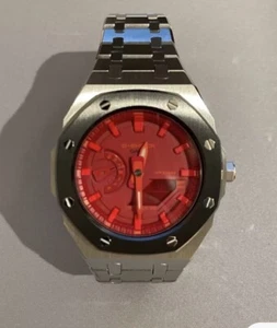 Silver Custom Casio G-Shock GA2100 Watch Casioak Mod Red Dial - Picture 1 of 2