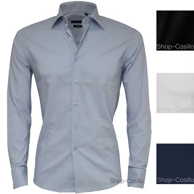 Camicia Uomo Cotone Slim Fit Sartoriale Manica Lunga Bianca Nero Blu Celeste - Immagine 1 di 4
