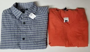 Lot of 2 NEW Gap Small V Neck Sweater Orange and L/S Button Front Shirt Checked - Picture 1 of 7