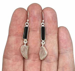 Raw Rose Quartz & Black Tourmaline Earrings, Sterling Silver, Rough Gemstones - Picture 1 of 10