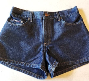LEI Shorts Womens Sz 5 Dark Blue Denim Stretch Silver Sheen Pockets - Picture 1 of 9