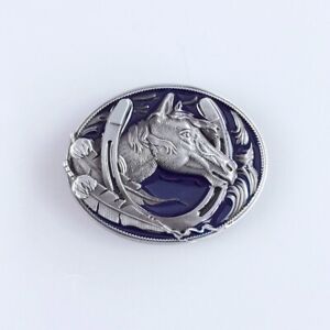 Boucle de ceinture ovale antique en émail bleu argent cheval occidental en fer à cheval