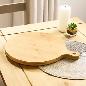 Pizza Serving Board Wooden Bamboo Food Round Cutting with Handle Kitchen Platter - Picture 1 of 8