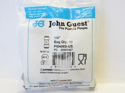 10-Pack ~ John Guest 1/4" Tube OD ~ Gray Acetal Adapter Union Connector SpeedFit