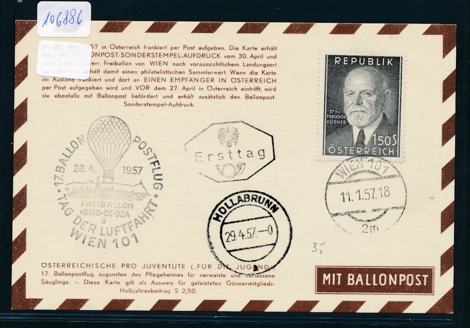 106886) Österreich Ballonpost RBF 17 Wien 1957, Karte FDC Körner 11.1.57 - Bild 1 von 1