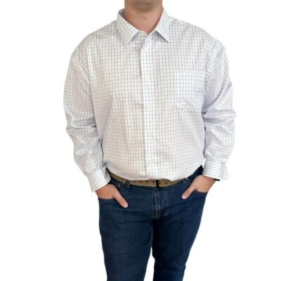 Pronto Uomo Men’s Button Down Long Sleeve Dress Shirt White Blue Plaid Stripe - Image 1 of 4