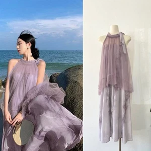 Women Tie-dye Mesh Sleeveless Dress Beach Fake Two Off-shoulder Dress Halterneck - Picture 1 of 14