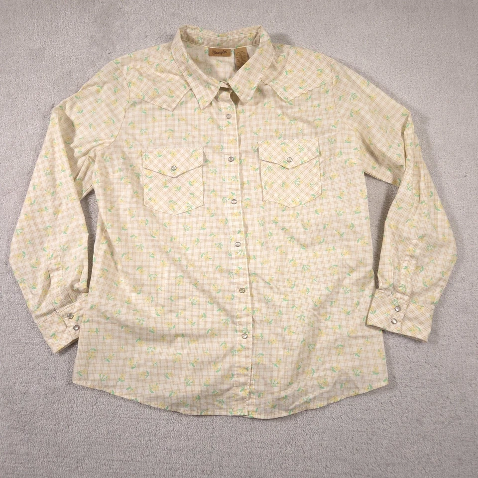 Camisa Wrangler Para Mujer XL Amarilla Floral A Cuadros Perla A Presión Western Manga Larga Foto 1 de 4