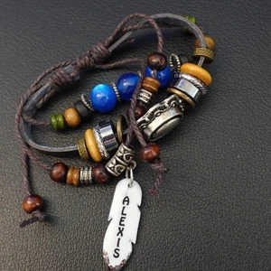 Pulsera Alexis Personalizada Boho Cuero Pila Hippie Indie Nombre Cuentas Azules - Imagen 1 de 5